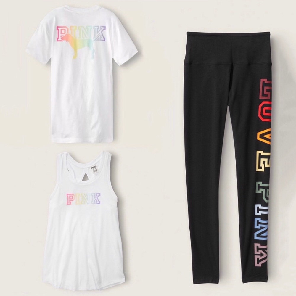 NWT VS PINK Campus Rainbow Gradient Tee(S) + Tank(M) + Leggings(M) SET